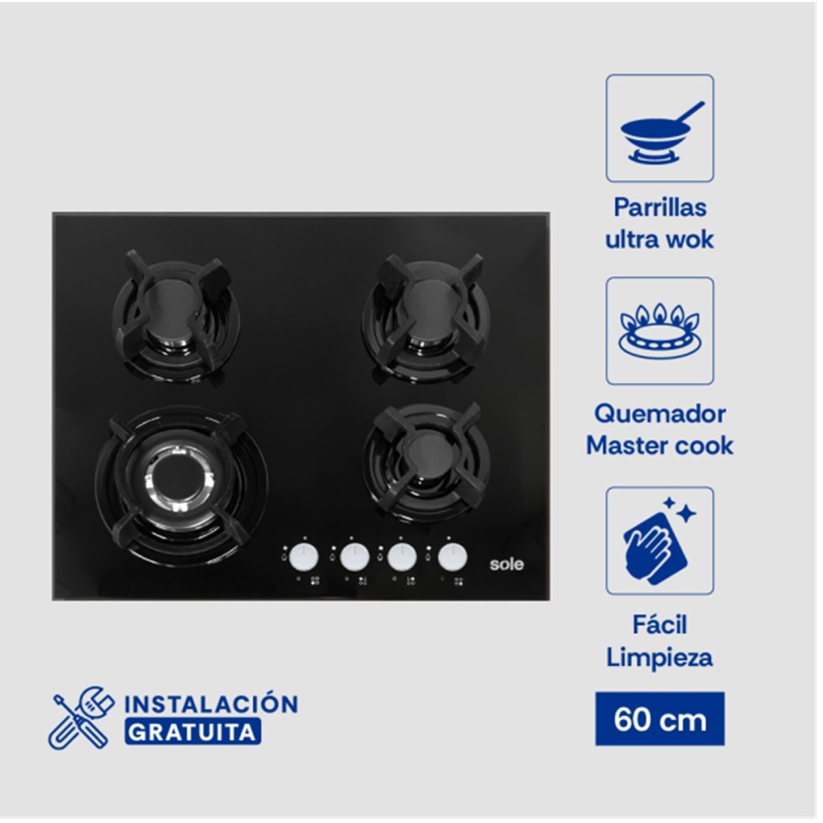 SOLE - Encimera Vidrio Templado Sole A Gas 60cm SOLCO034