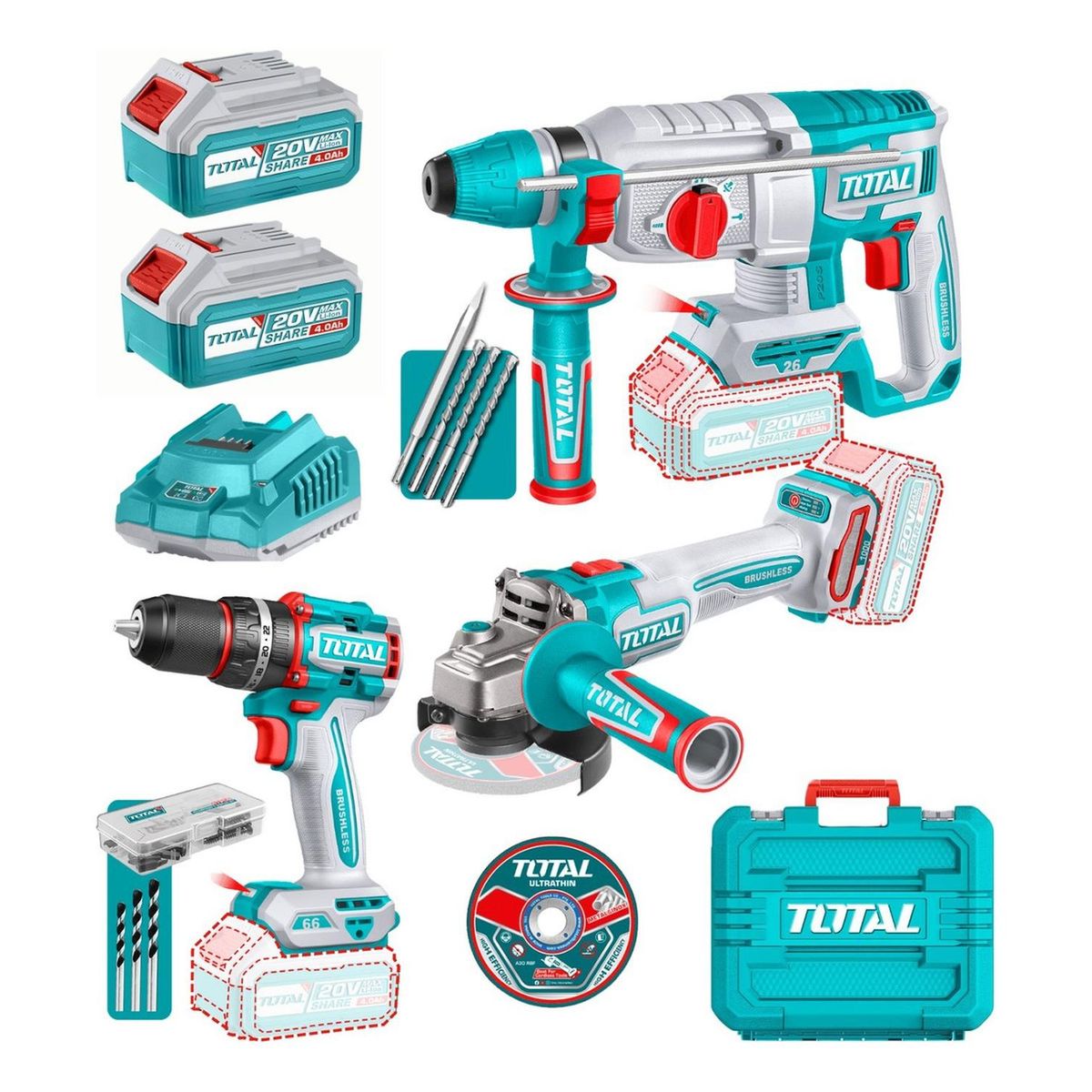 TOTAL - Mega Combo Industrial Taladro + Amoladora + Rotomartillo Total