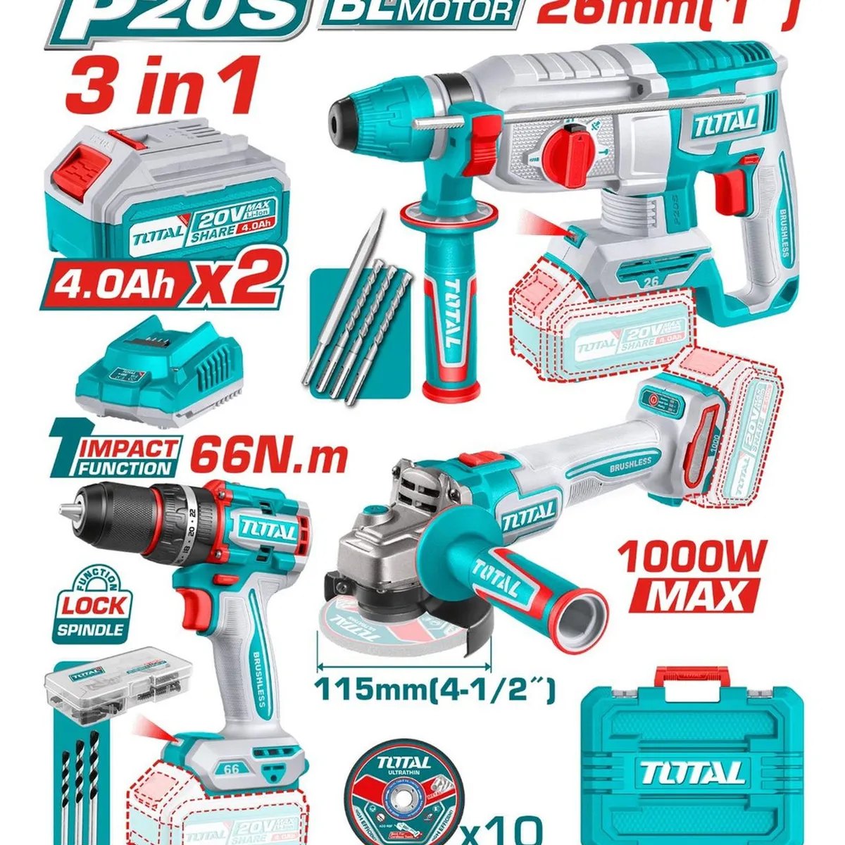TOTAL - Mega Combo Industrial Taladro + Amoladora + Rotomartillo Total