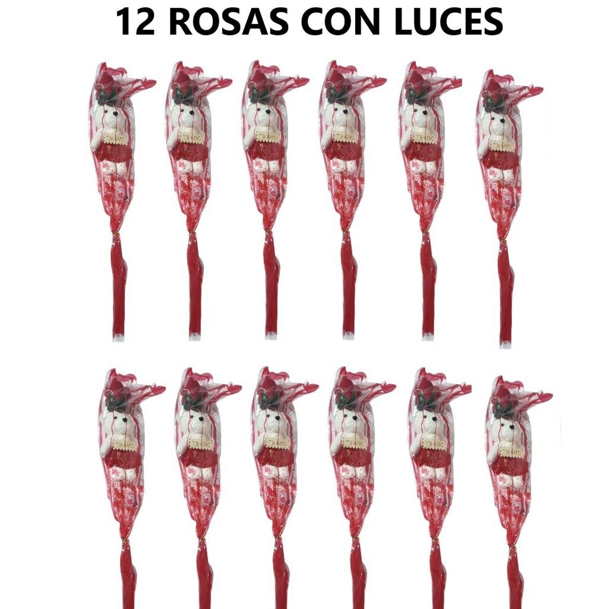 GENERICO - 12 Rosas Con Oso Y Luces 3 Velocidades - Rojas