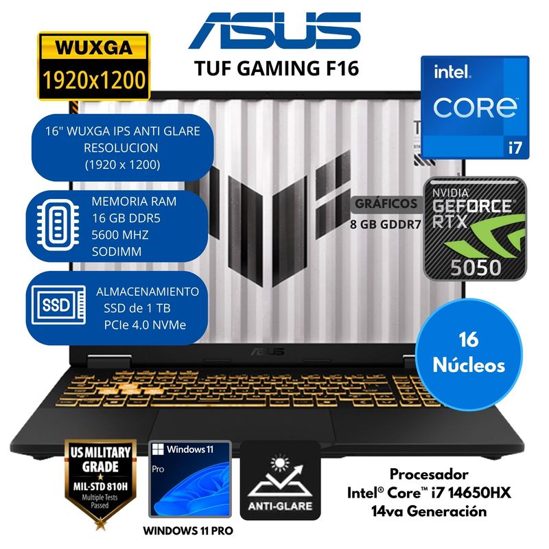 ASUS - Laptop Asus Intel Core i7 (TUF GAMING F16) RAM 16 GB SSD 1 TB 16" WUXGA RTX 5050 8GB Windows 11
