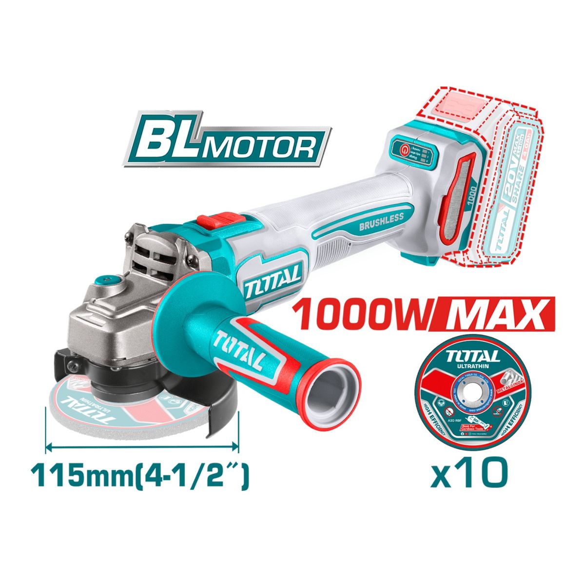 TOTAL TOOLS - Combo Taladro 66NM + Amoladora y Llave de Impacto 20V Total