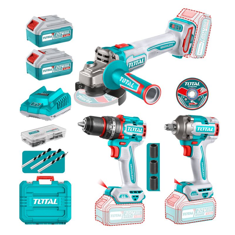 TOTAL TOOLS - Combo Taladro 66NM + Amoladora y Llave de Impacto 20V Total