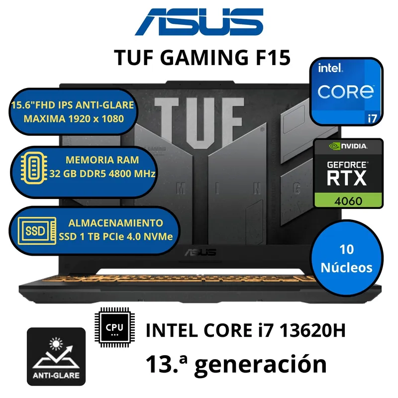 ASUS - Laptop TUF GAMING F15 INTEL CORE i7-RAM 32 GB SSD 1 TB RTX 4060 (8 GB GDDR6)