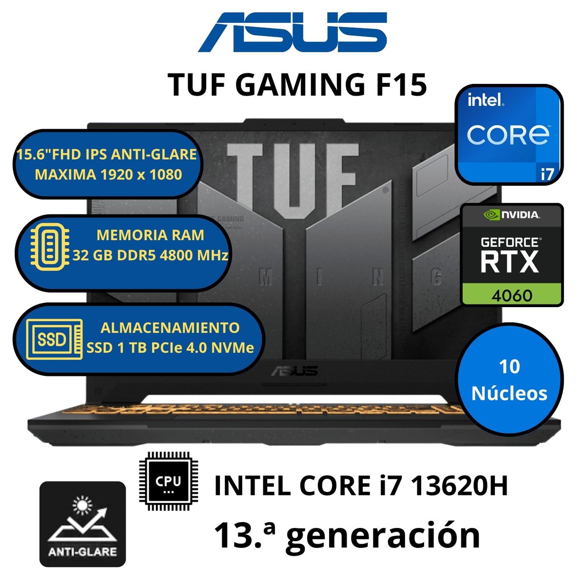 ASUS - Laptop ASUS TUF GAMING F15 INTEL CORE i7-RAM 32 GB SSD 1 TB RTX 4060 (8 GB GDDR6)