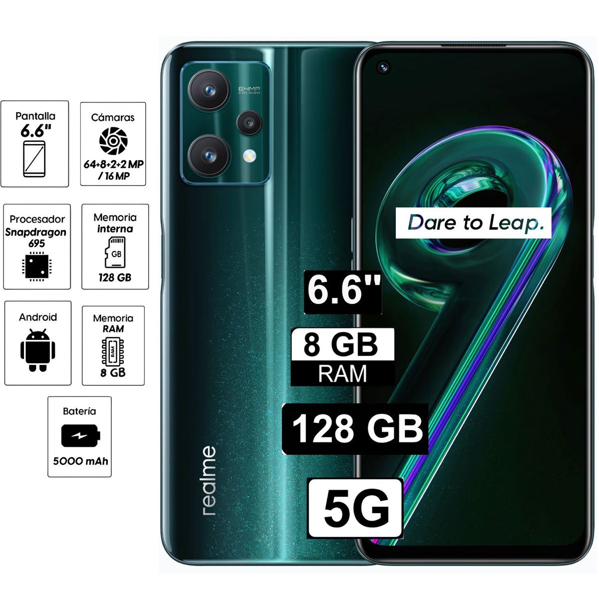 REALME - Celular Realme 9 Pro 5G 8GB RAM 128GB 6.6" Cámara frontal 64 Color verde aurora