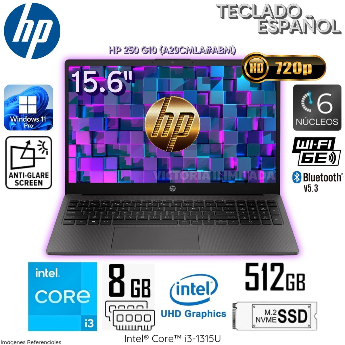 HP - Laptop HP 250 G10 15.6″ HD Intel Corei3-1315U 8GB RAM 512GB SSD WIN11 (A29CMLA#ABM)