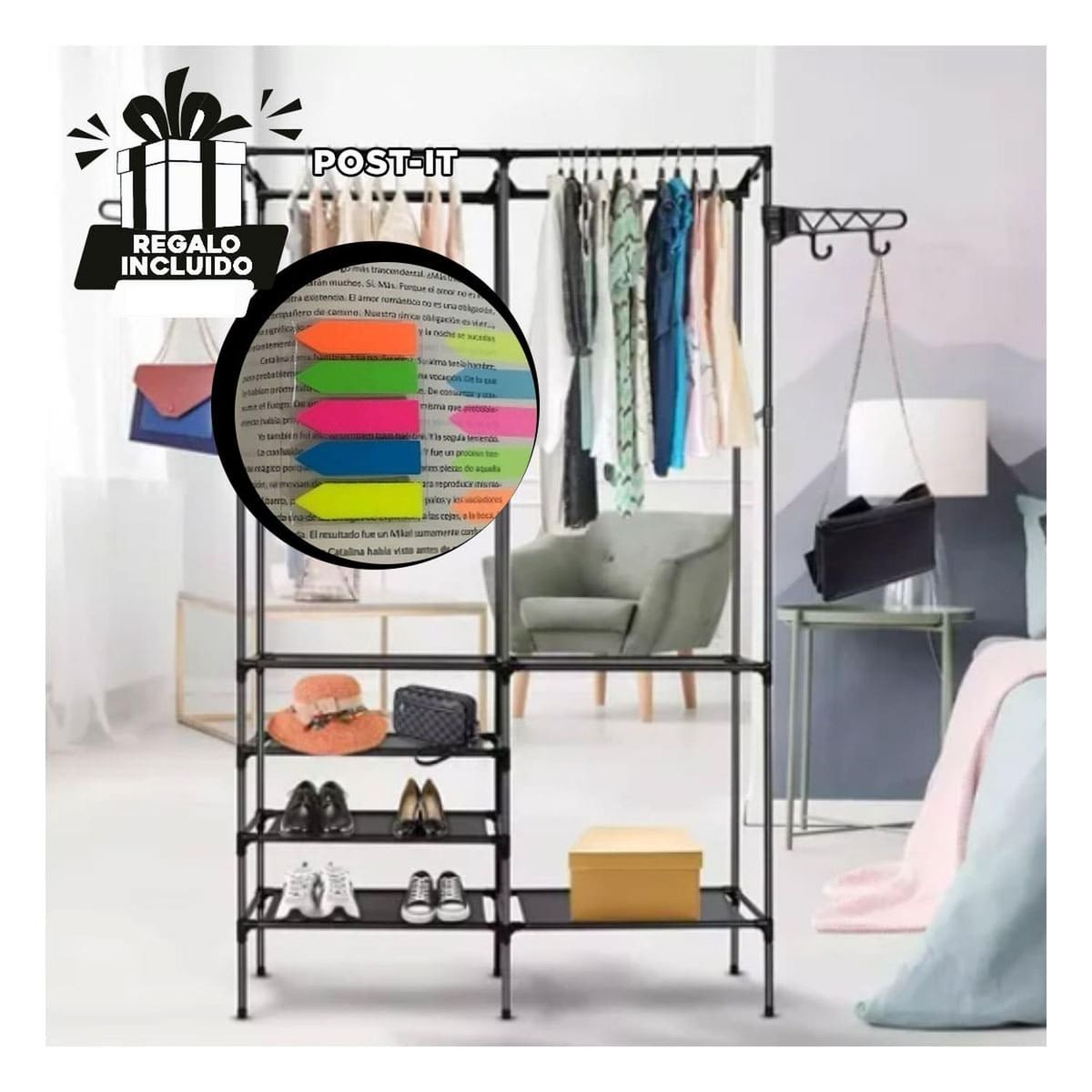 GENERICO - Pack4 Armario de 2 Columnas en Negro Y+Banderitas Adhesivas