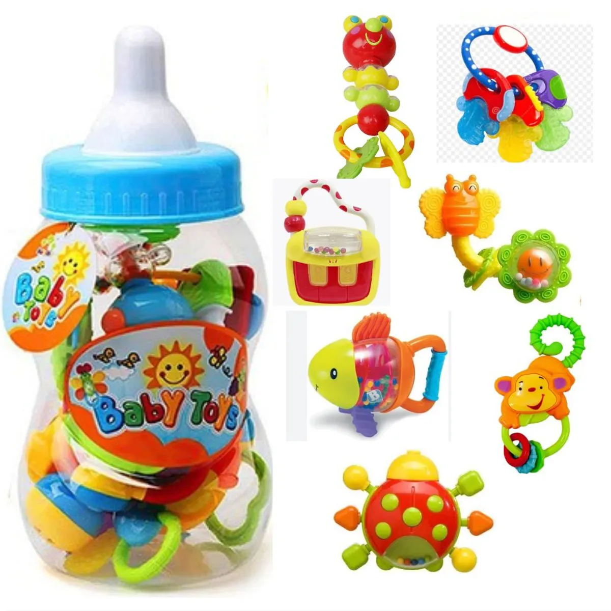 GENERICO - Set Sonaja Biberón Grande  con Mordedores 7 Piezas