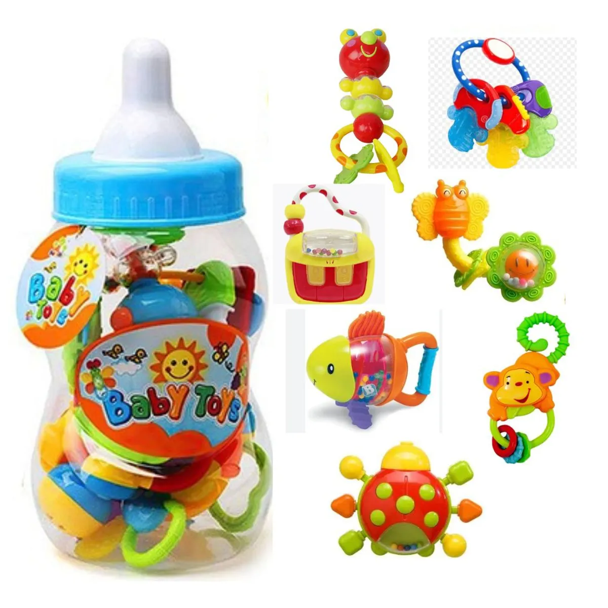 GENERICO - Set Sonaja Biberón Grande  con Mordedores 7 Piezas