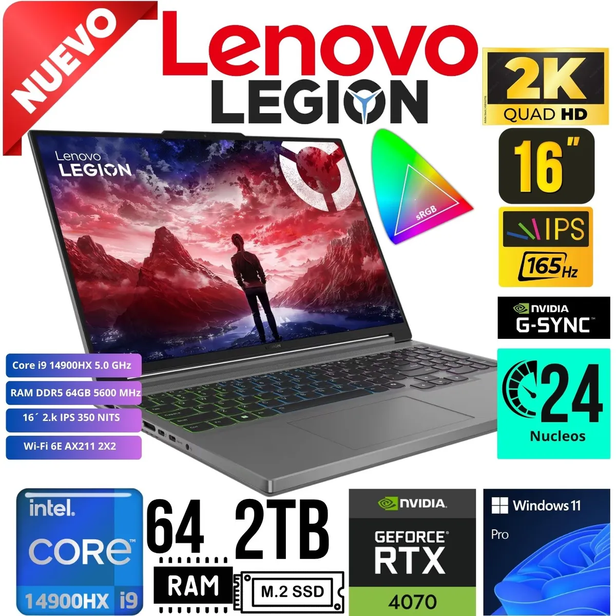 LENOVO - Laptop LENOVO LEGION 5 16IRX9 16´ 2,5K Core i9 14900HX RAM 64GB SSD 2TB RTX 4070 8GB W11 PRO