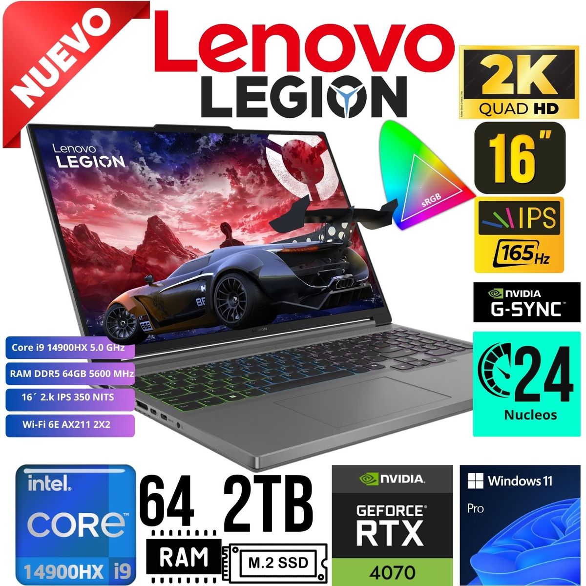 LENOVO - Laptop LENOVO LEGION 5 16IRX9 16´ 2,5K Core i9 14900HX RAM 64GB SSD 2TB RTX 4070 8GB W11PRO