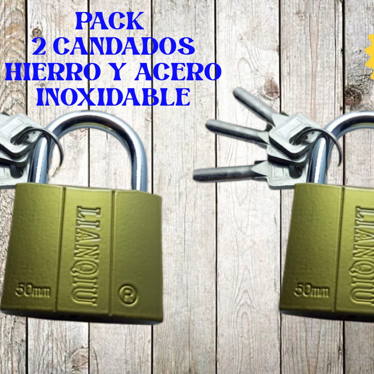 GENERICO - 2 CANDADOS DE HIERRO Y ACERO INOXIDABLE DE 50 MM COLOR DORADO