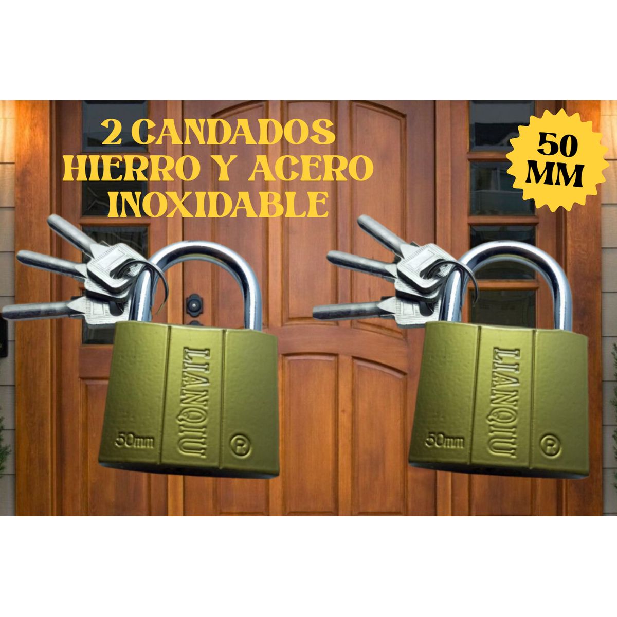 GENERICO - 2 CANDADOS DE HIERRO Y ACERO INOXIDABLE DE 50 MM DORADO