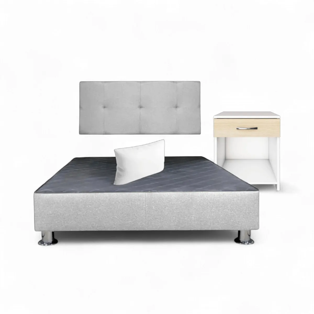 MUEBLES MACRUMO - Combo cama brisa tela antifluido 15Plz color Gris Claro + velador ted + almohada