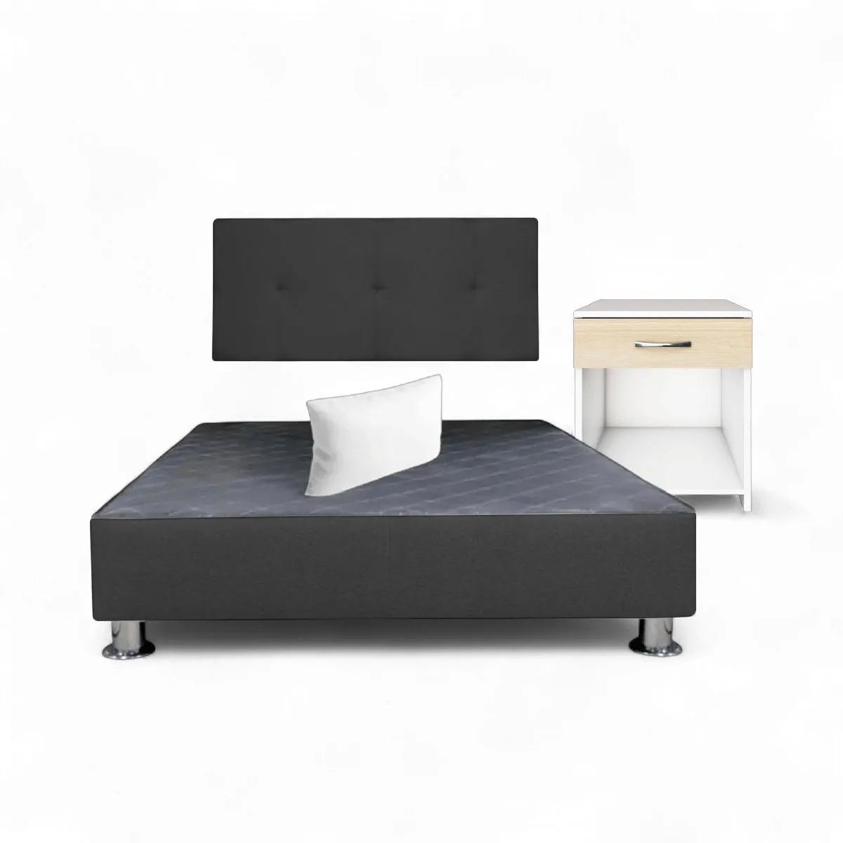 MUEBLES MACRUMO - Combo cama brisa tela antifluido 15Plz color Negro + velador ted + almohada