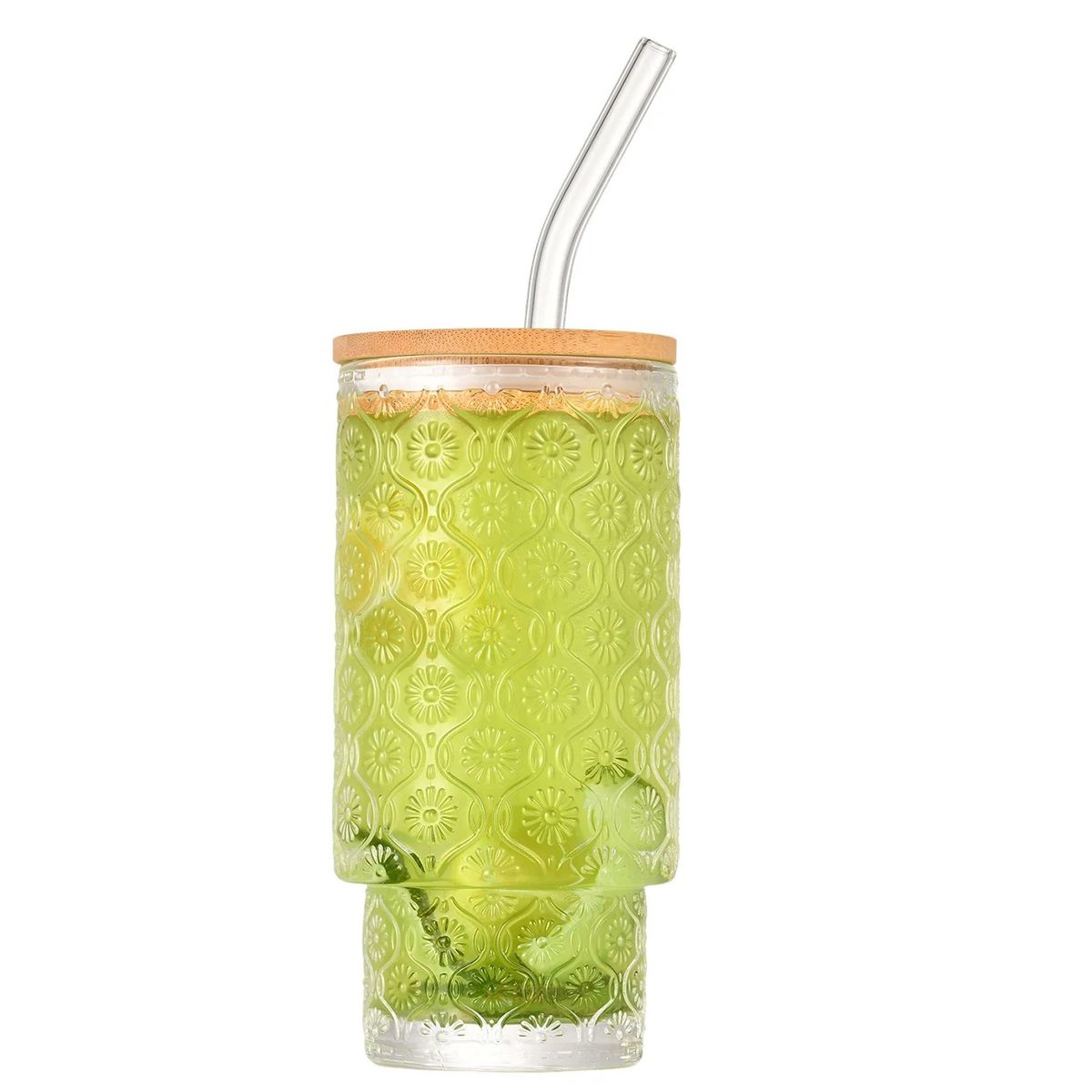 GENERICO - Vaso de vidrio antiguo con tapa y pajita 320 ml