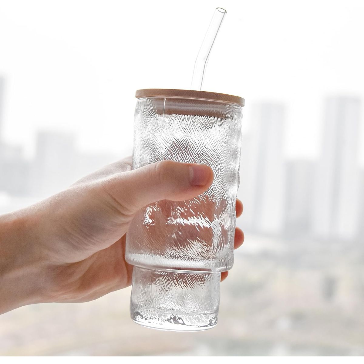 GENERICO - Vaso de vidrio antiguo con tapa y pajita 320 ml