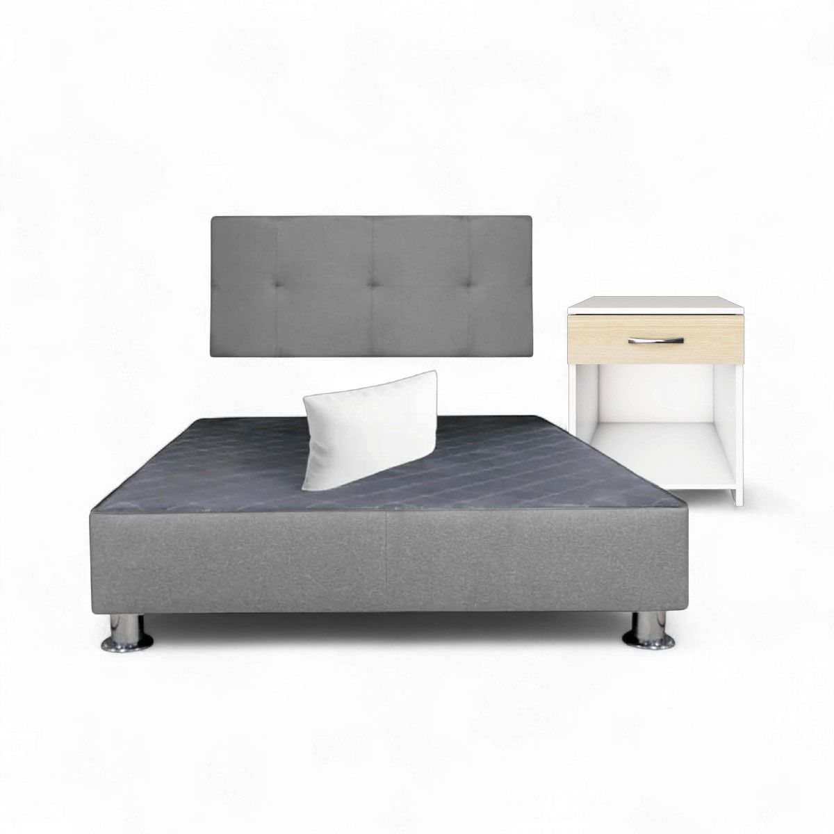 MUEBLES MACRUMO - Combo cama brisa Queen Gris Oscuro antifluido + velador ted + almohada