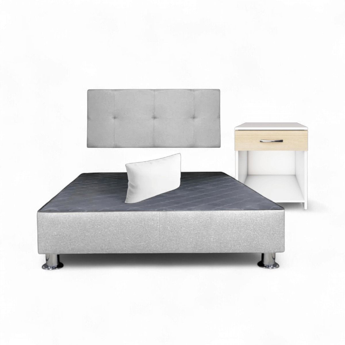 MUEBLES MACRUMO - Combo cama brisa Queen Gris Claro antifluido + velador ted + almohada