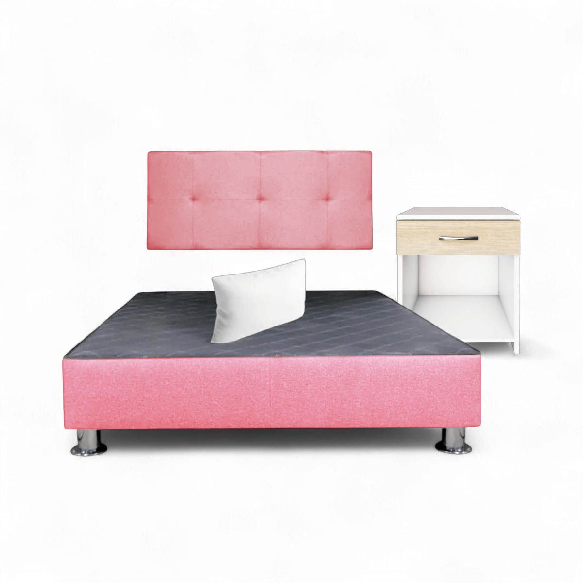 MUEBLES MACRUMO - Combo cama brisa tela antifluido Queen Rosado + velador ted + almohada