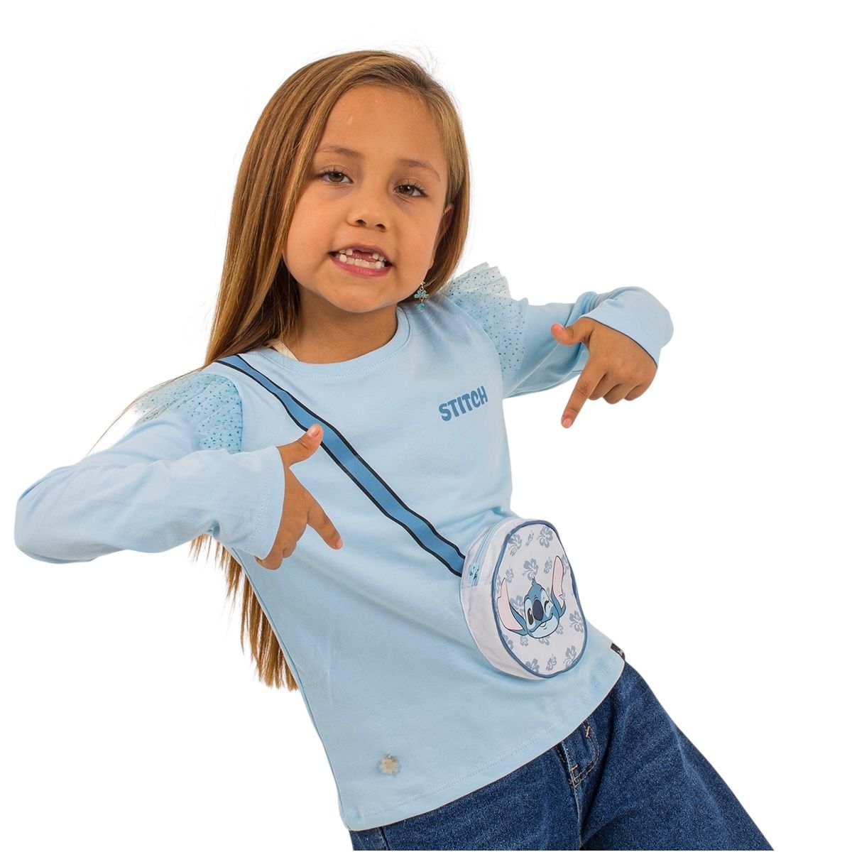 DISNEY CLASICOS - POLO MANGA LARGA LILO & STITCH NIÑA CELESTE