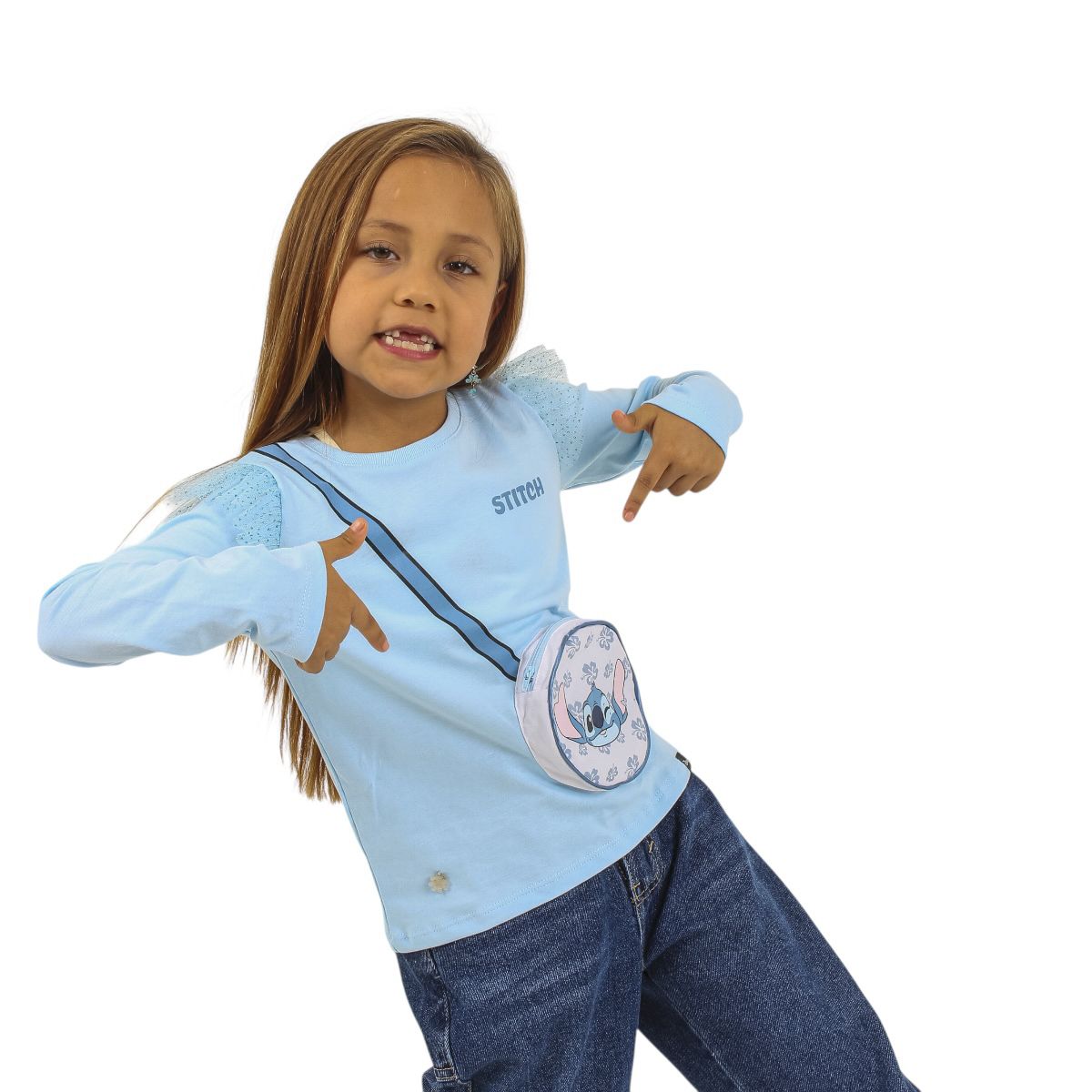 DISNEY CLASICOS - POLO MANGA LARGA LILO & STITCH NIÑA CELESTE