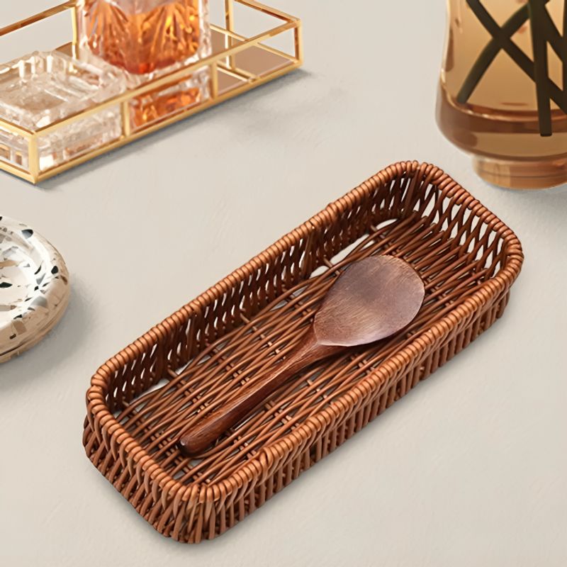 GENERICO - Juego de 2 Cesta Porta cubiertos Rectangular de plástico tipo mimbre