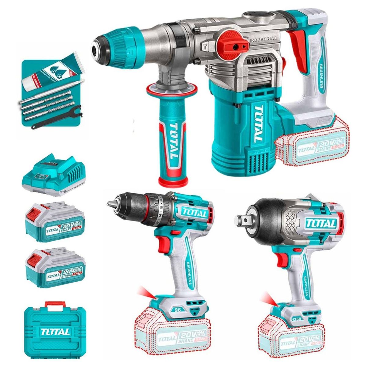 Total Tools - Mega Combo PRO Taladro 96Nm + Rotomartillo + Llave de Impacto 34 20V Total