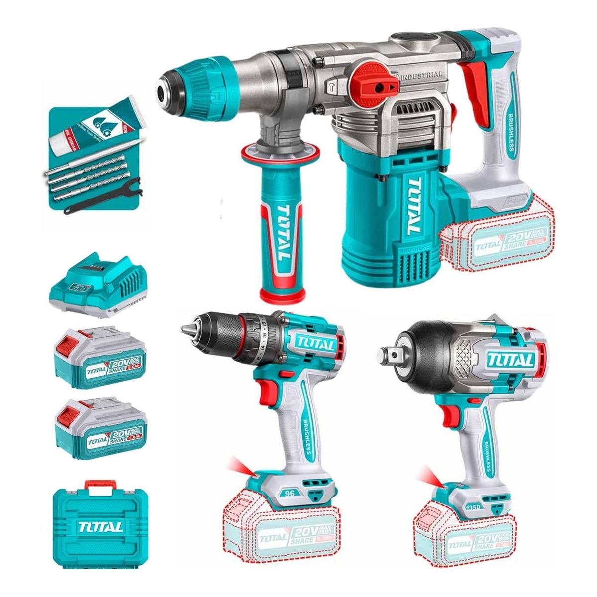 Total Tools - Mega Combo PRO Taladro 96Nm + Rotomartillo + Llave de Impacto 34 20V Total