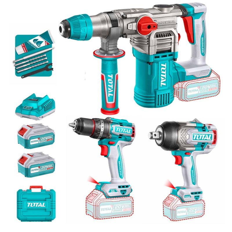 TOTAL TOOLS - Mega Combo PRO Taladro 96Nm + Rotomartillo + Llave de Impacto 34 20V Total