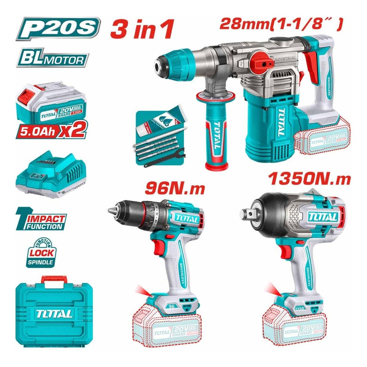 Total Tools - Mega Combo PRO Taladro 96Nm + Rotomartillo + Llave de Impacto 34 20V Total