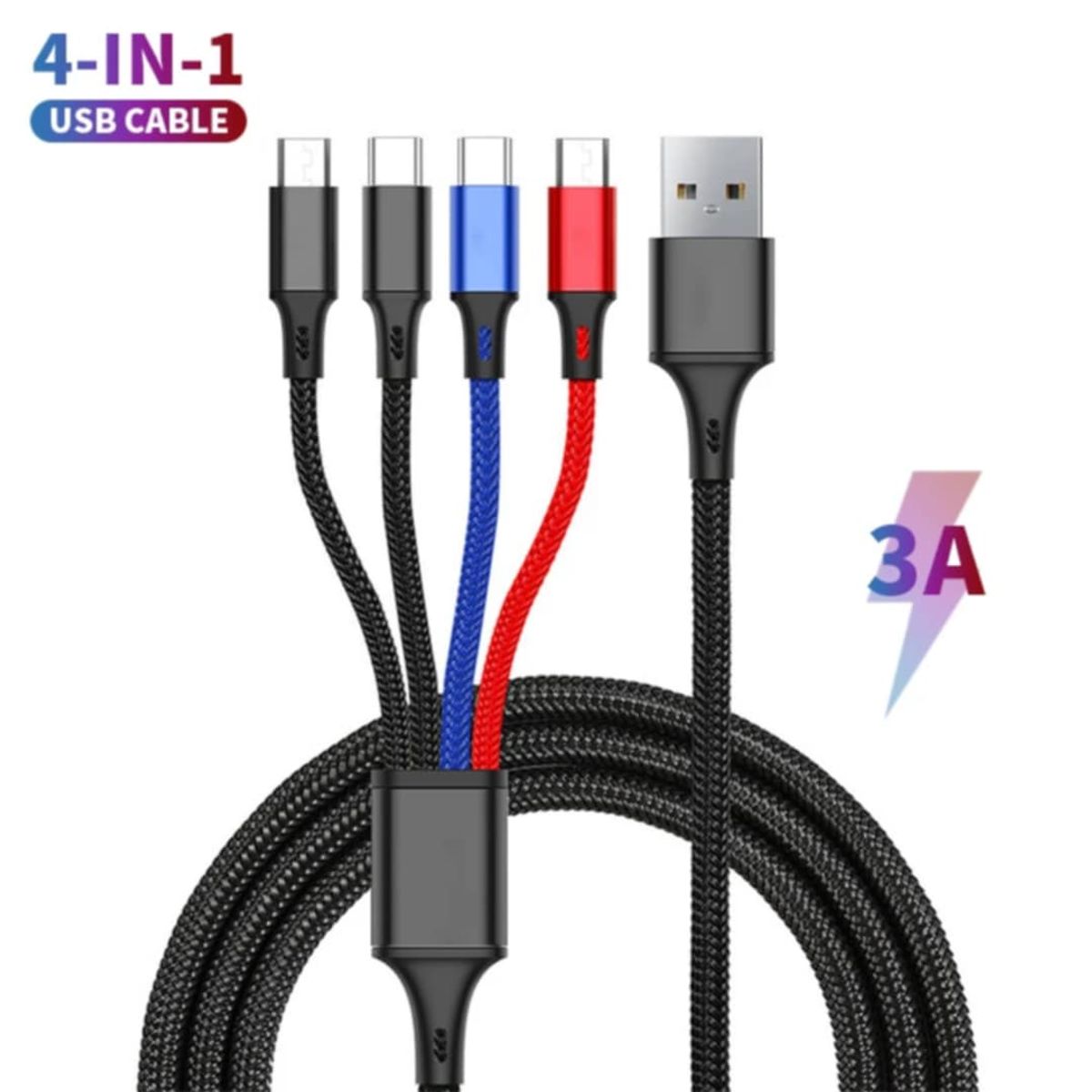 SMART - CABLE 4 EN 1 NEGRO DE NYLON PREMIUM REFORZADO PARA TODOS LOS MOVILES