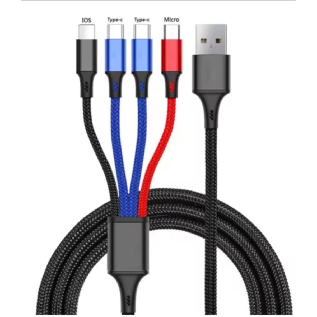 SMART - CABLE 4 EN 1 NEGRO DE NYLON CARGA RAPIDA PARA TODOS LOS MOVILES