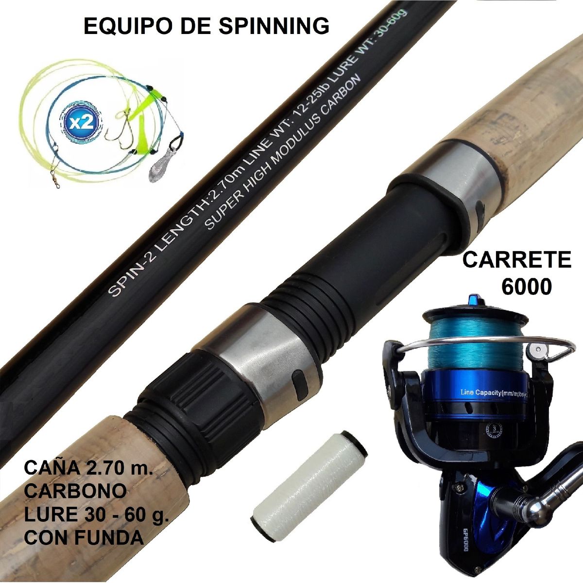 GENERICO - Equipo de Pesca con Caña 2.70m Carbono Carrete 6000