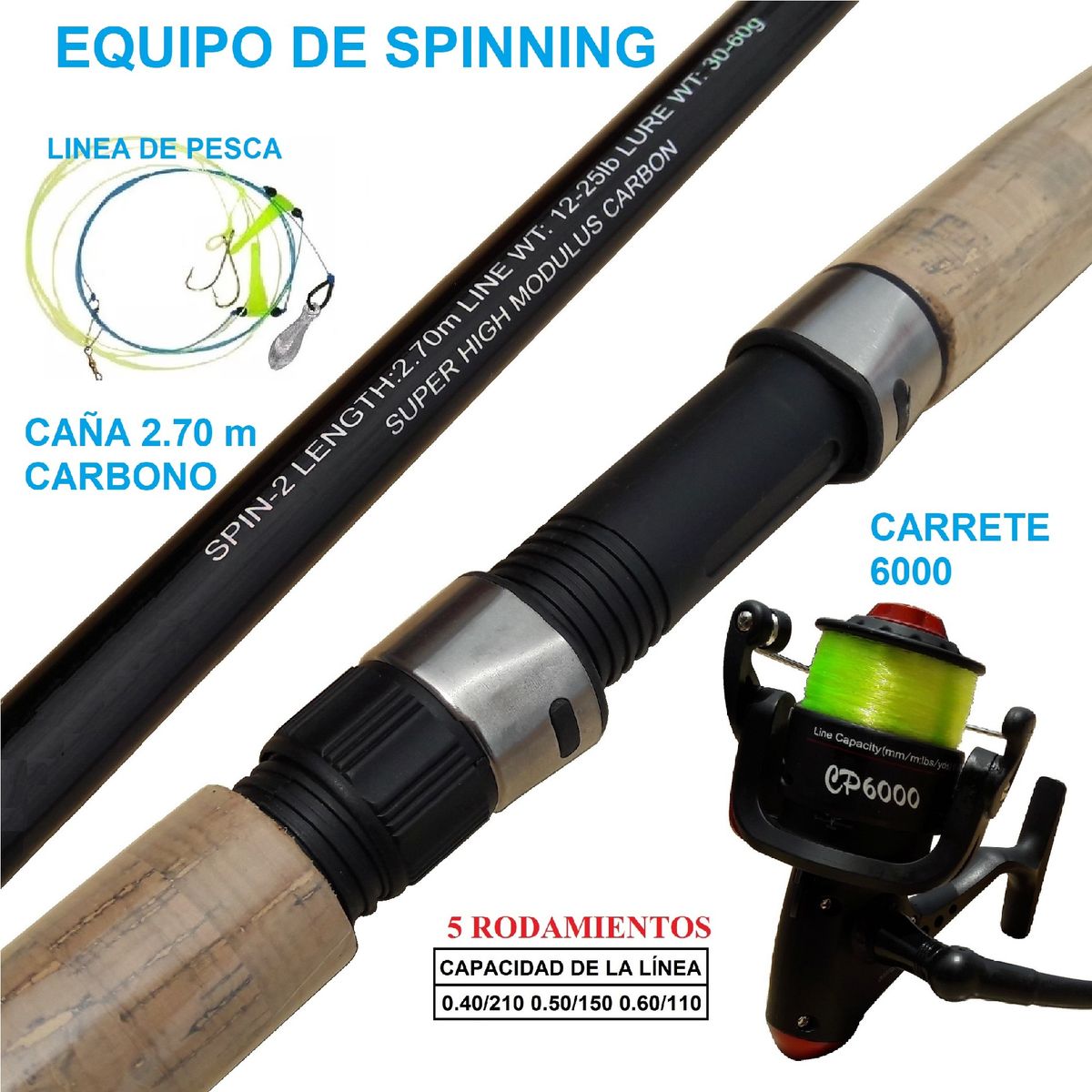 GENERICO - Equipo De Pesca Caña 2.70 M. Y Carrete 6000 Pescar Carbono