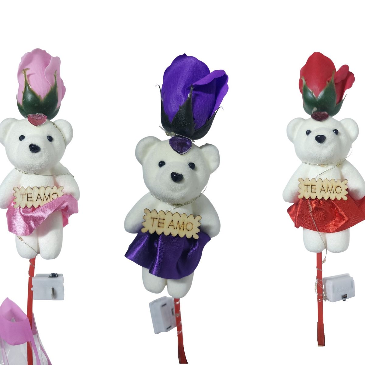 GENERICO - 15 Rosas Con Oso Y Luces 3 Velocidades - ROSA MORADO Y ROJO