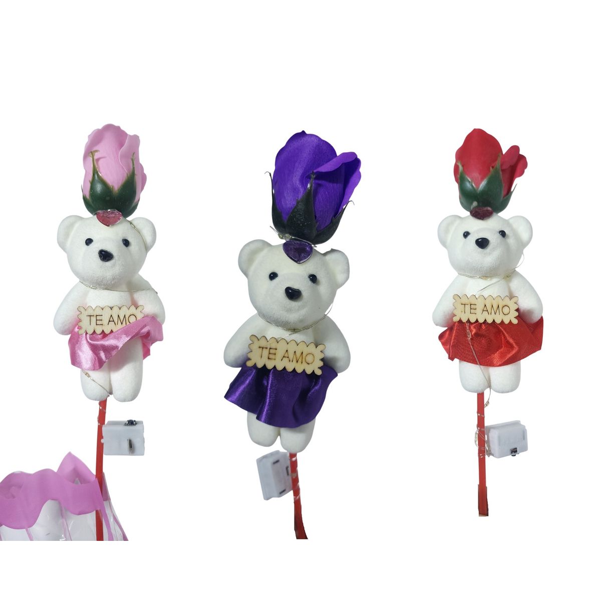 GENERICO - 15 Rosas Con Oso Y Luces 3 Velocidades - ROSA MORADO Y ROJO