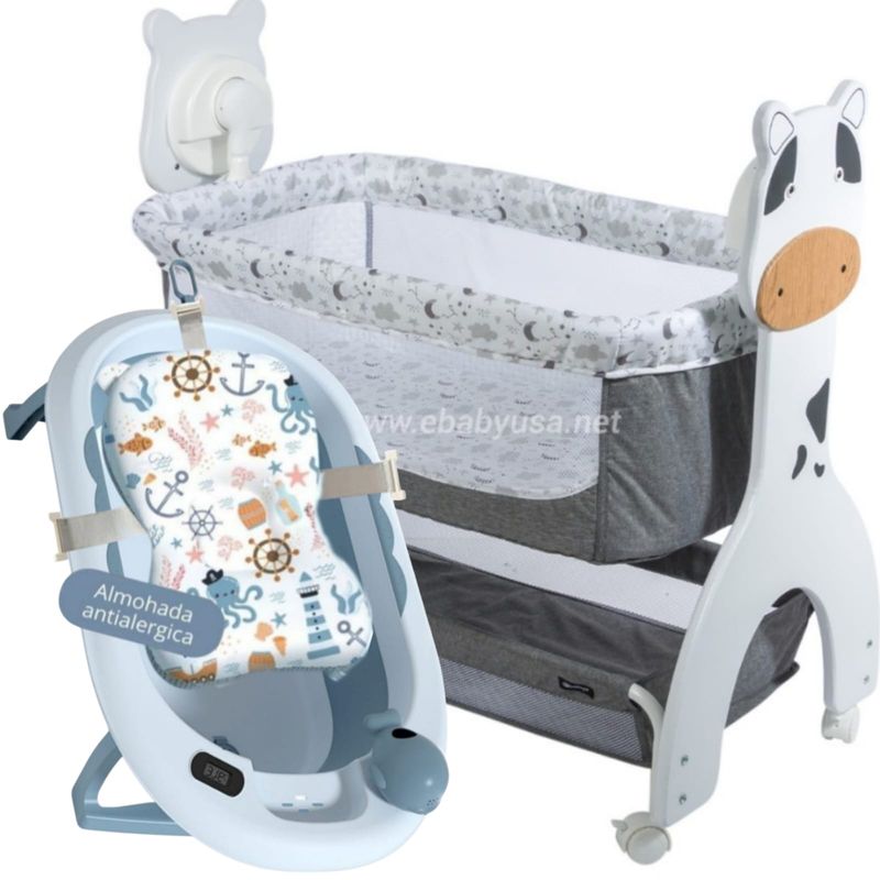 EBABY - Cuna Mecedora Eléctrica Aura PLOMO + Tina plegable Celeste