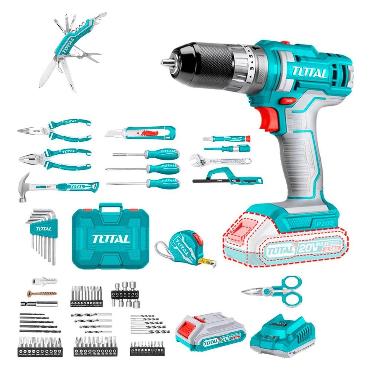 TOTAL TOOLS - Taladro 20V + set 165 pz THKTHP11652 + Navaja 12 en 1 TOTAL