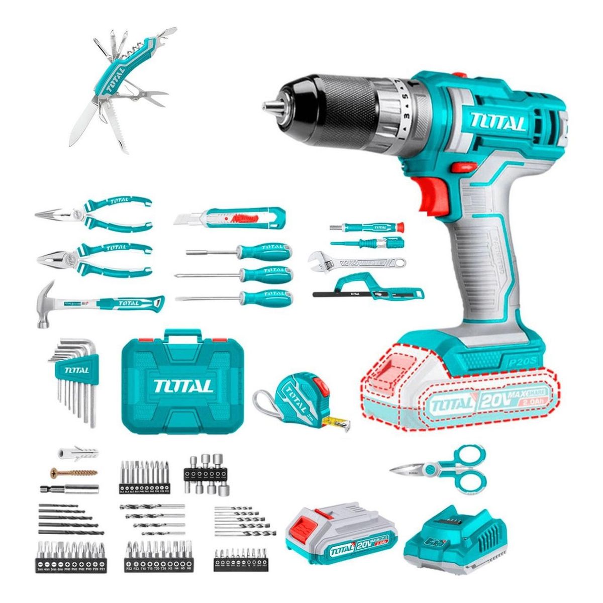 TOTAL TOOLS - Taladro 20V + set 165 pz THKTHP11652 + Navaja 12 en 1 TOTAL