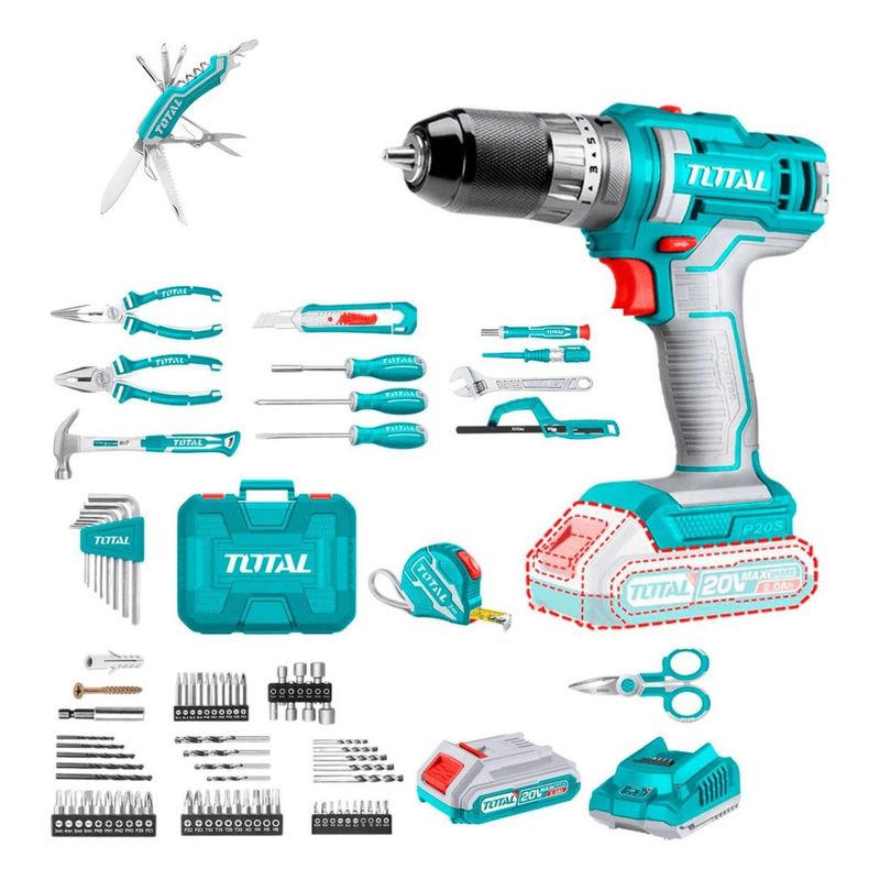 TOTAL TOOLS - Taladro 20V + set 165 pz THKTHP11652 + Navaja 12 en 1 TOTAL
