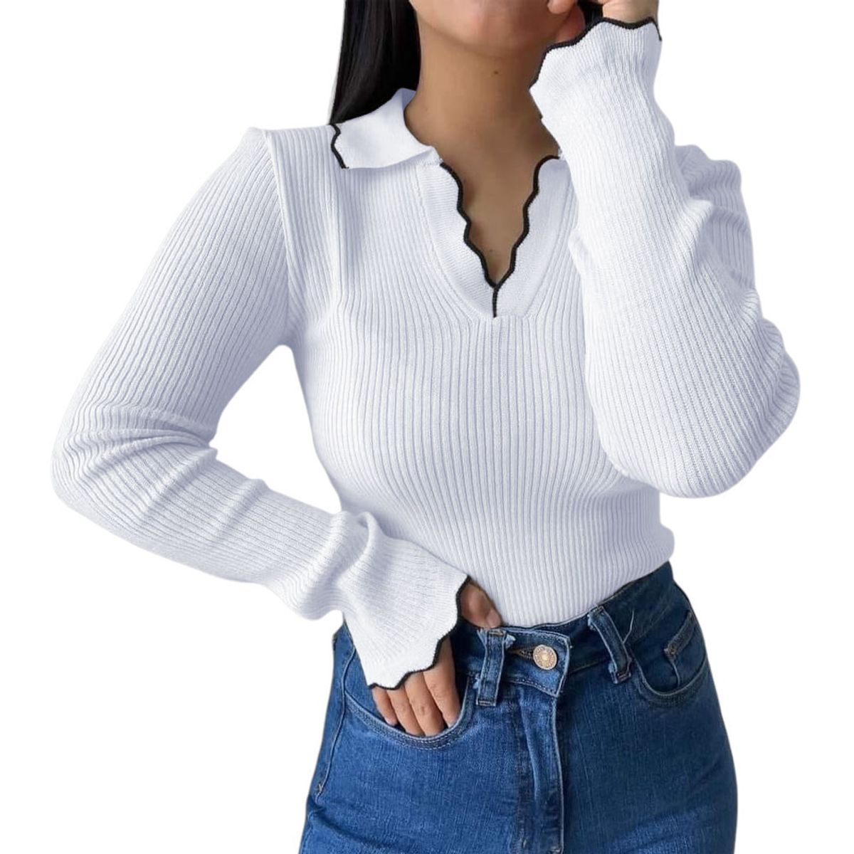 GENERICO - Sueter Mujer Hilo Mlarga Ondulado 359G-21 Color Blanco