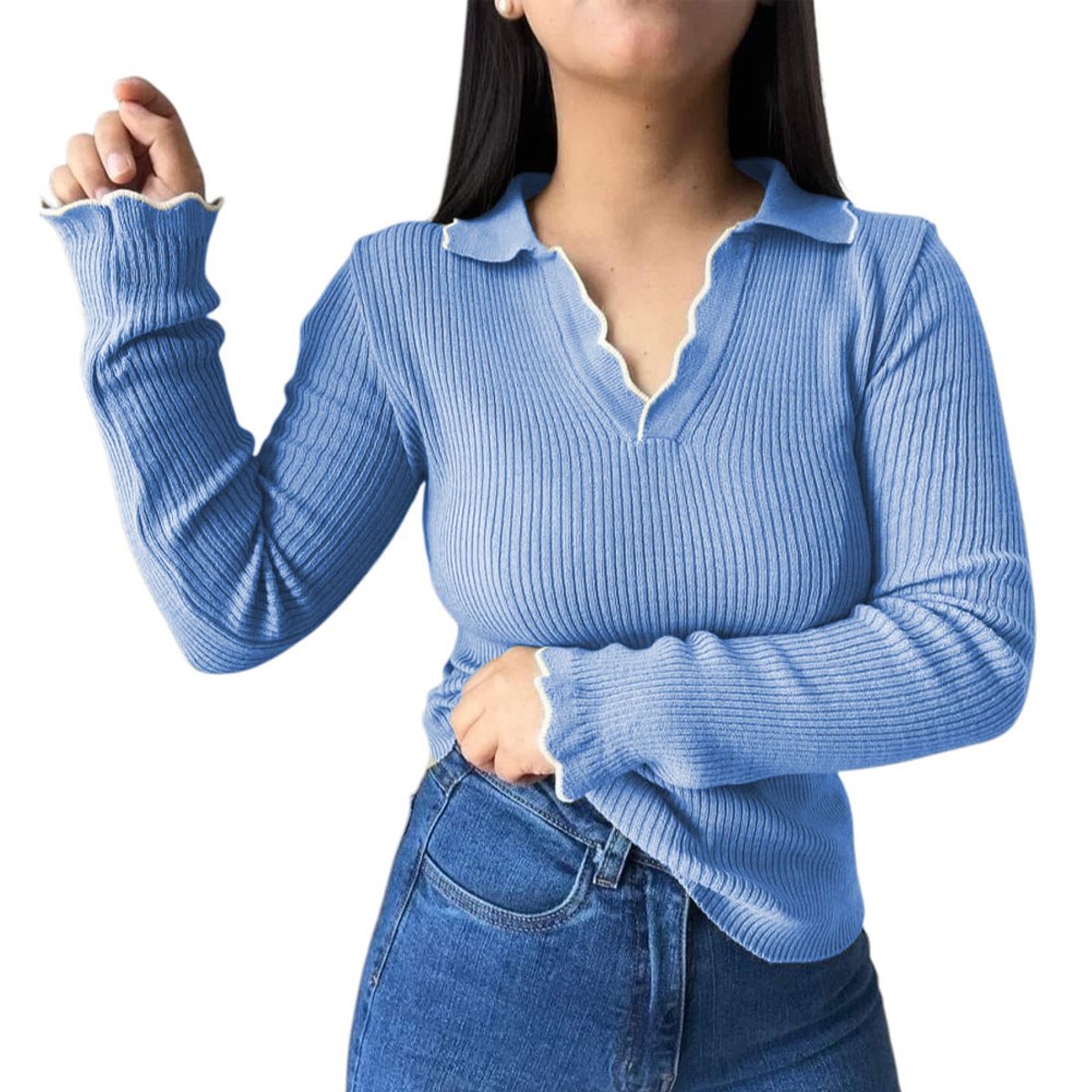GENERICO - Sueter Mujer Hilo Mlarga Ondulado 359G-21 Color Celeste
