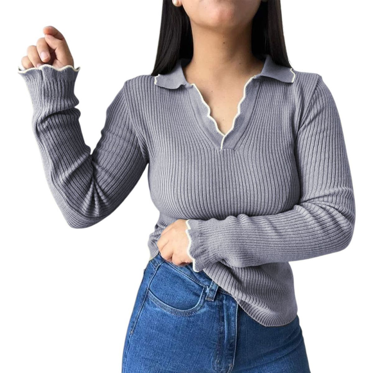 GENERICO - Sueter Mujer Hilo Mlarga Ondulado 359G-21 Color Gris