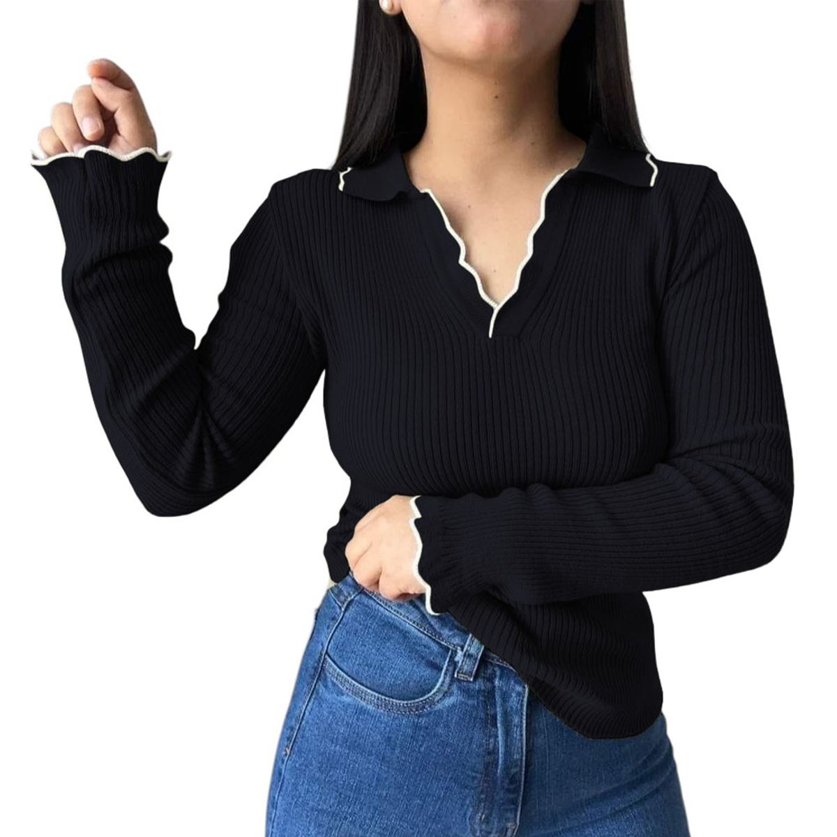 GENERICO - Sueter Mujer Hilo Mlarga Ondulado 359G-21 Color Negro