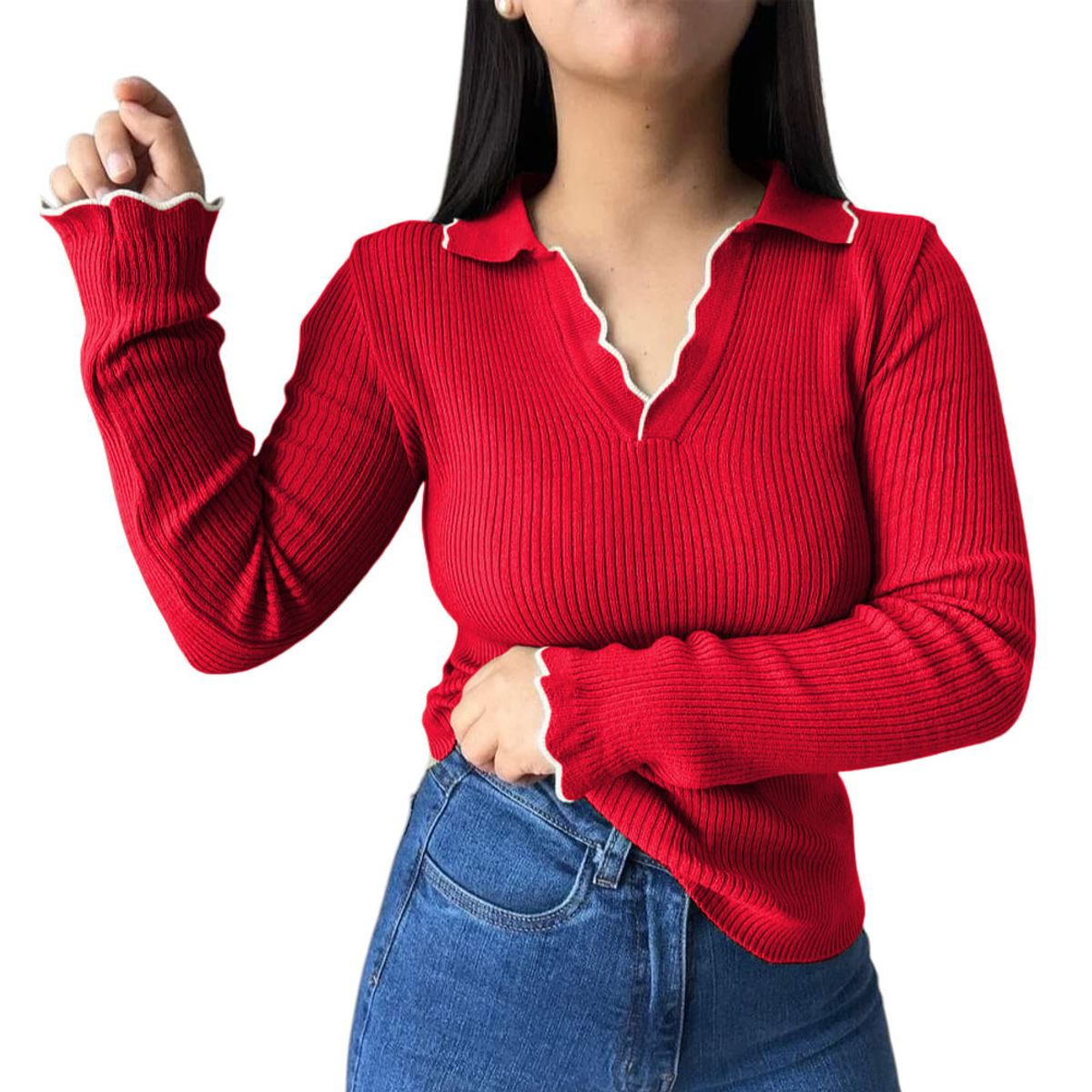 GENERICO - Sueter Mujer Hilo Mlarga Ondulado 359G-21 Color Rojo