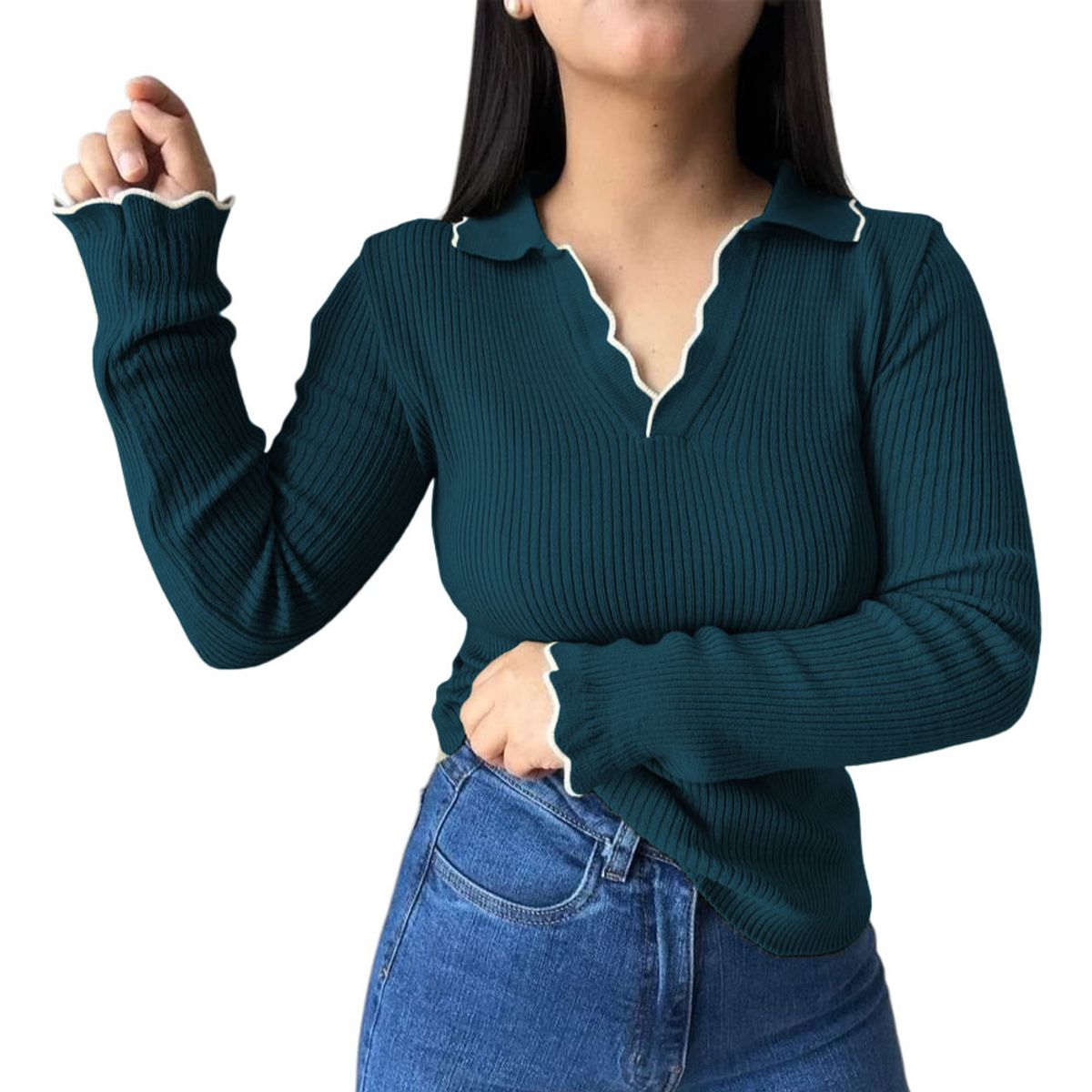 GENERICO - Sueter Mujer Hilo Mlarga Ondulado 359G-21 Color Verde