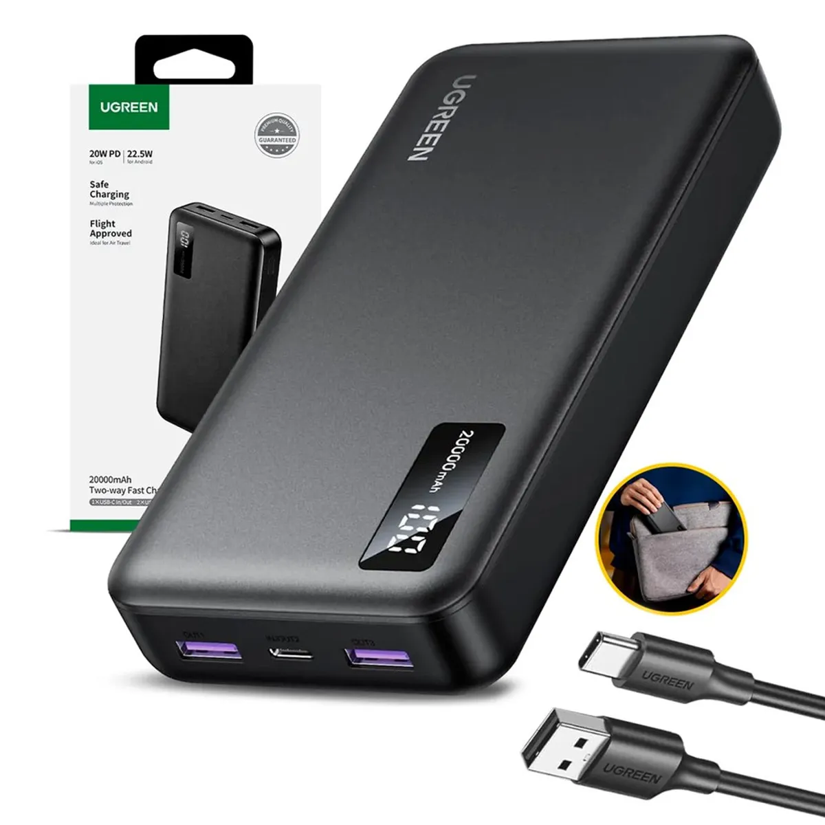 UGREEN - Power Bank Ugreen 20000mah Usb 225w Tipo C 20wpd C Rapida