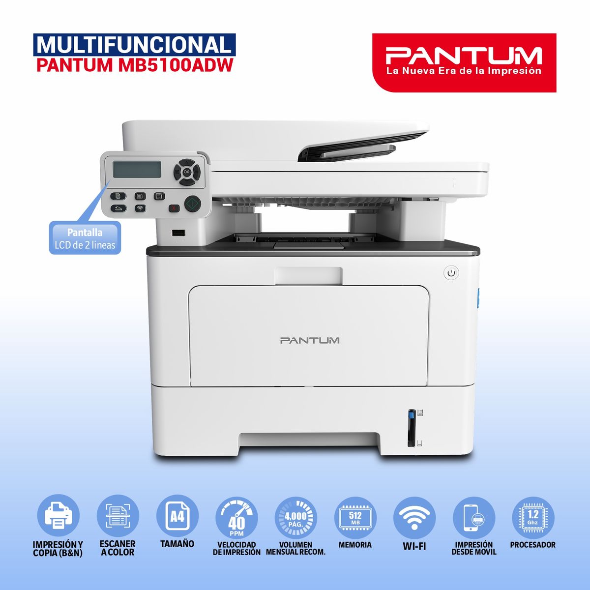 PANTUM - Impresora Multifuncional Laser Monocromática BM5100ADW